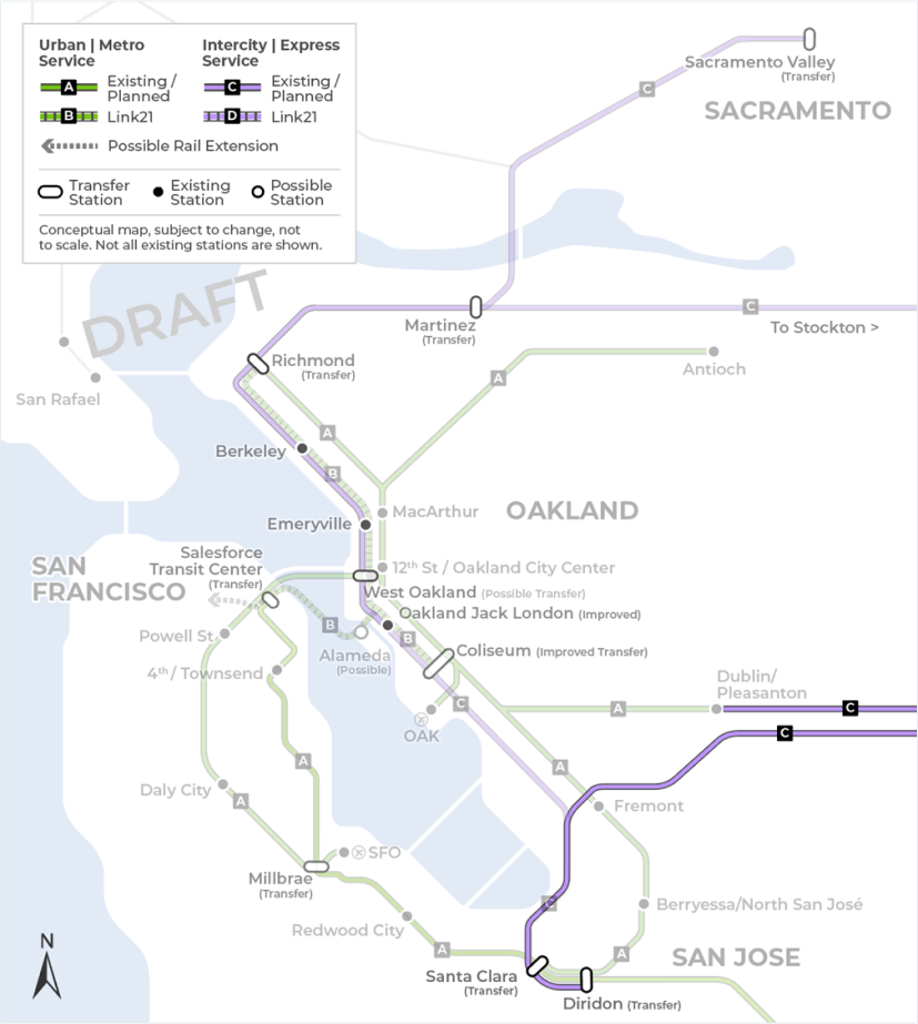 The third map demonstrates future Intercity Express train service offered by Valley Link’s Regional Rail extension connecting Dublin/Pleasanton to San Joaquin County just north of Tracy. This map also demonstrates the Intercity Express train service offered by Altamont Corridor Express Regional Rail network connecting Stockton and the Diridon Station in San Jose. The map does not include all existing or future stations.  
