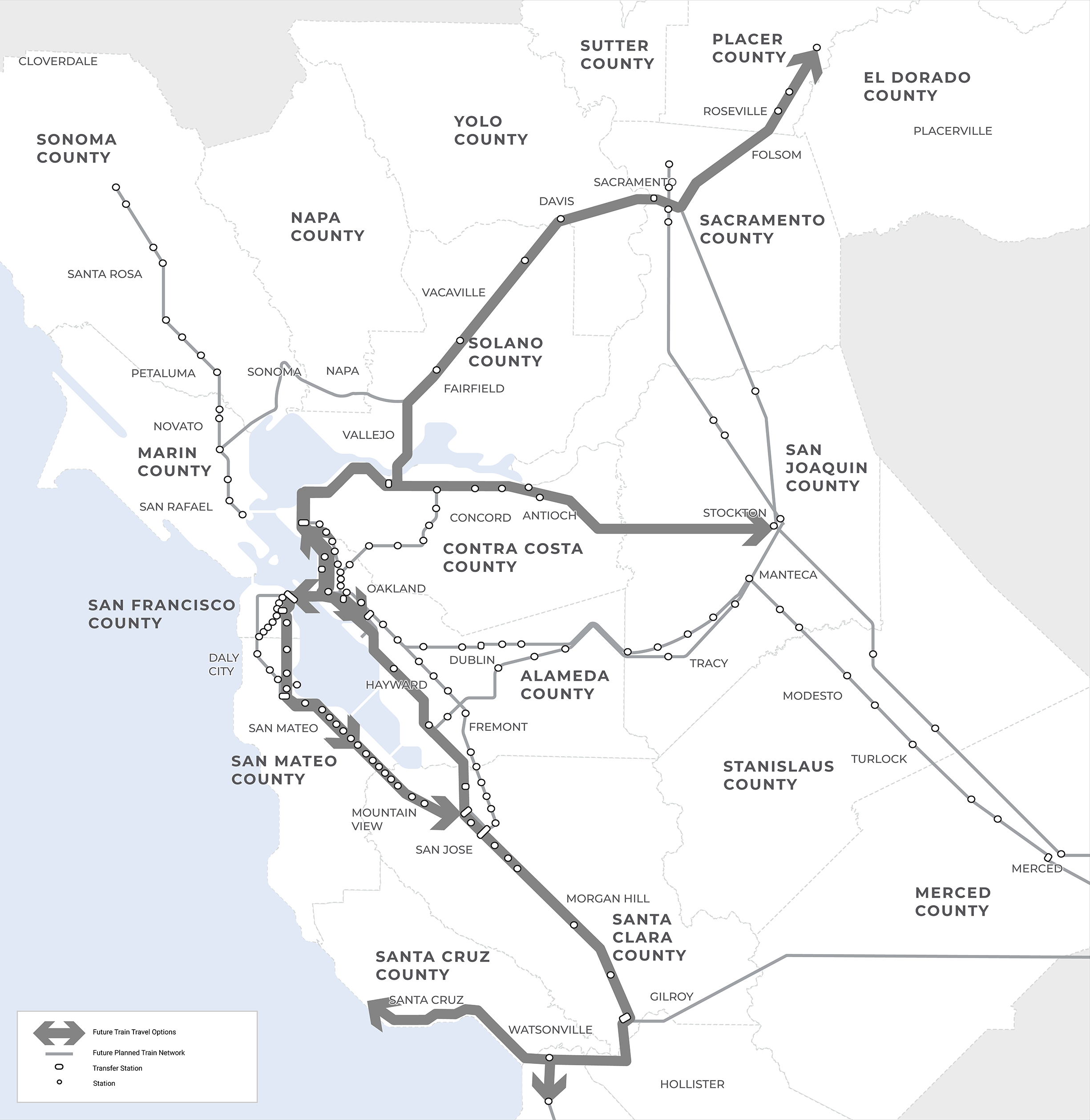 Past and Future San Francisco rail map
