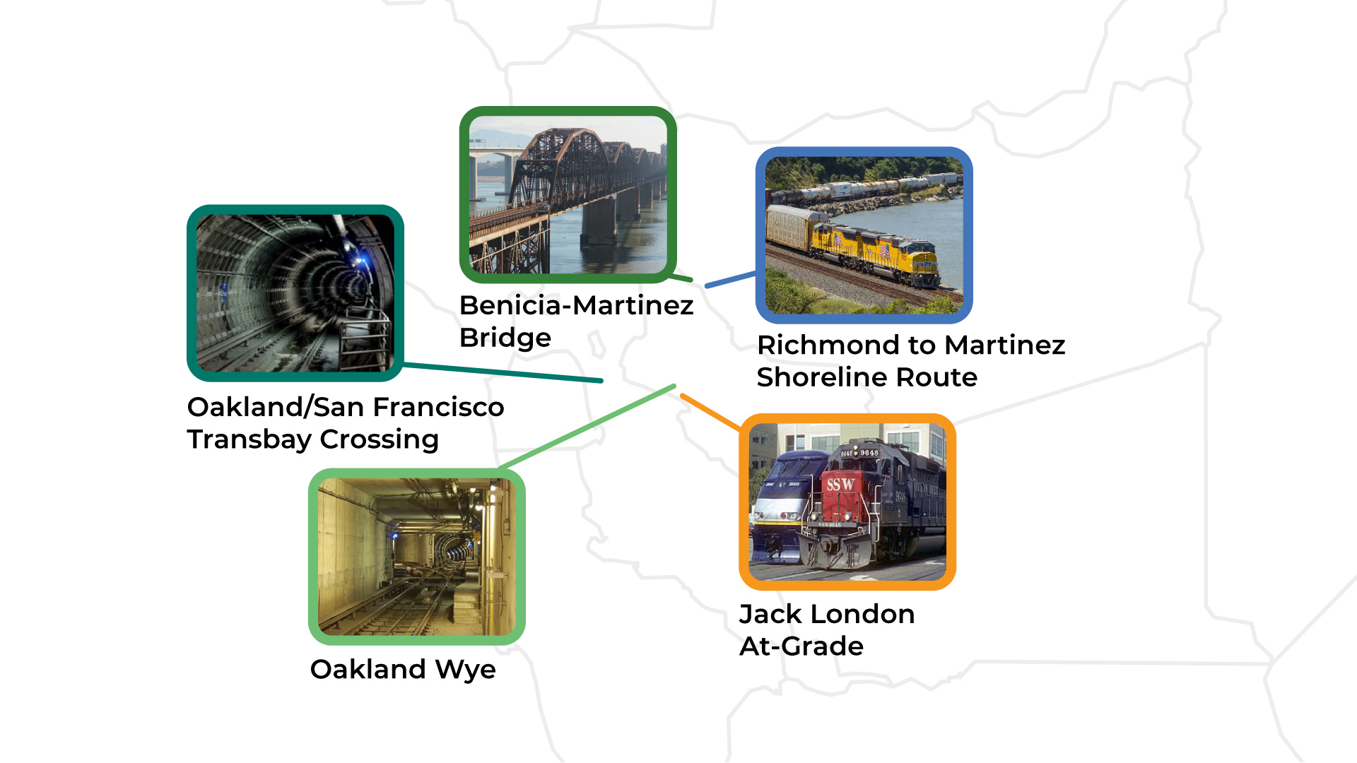 A series of thumbnails of trains, rail bridges, and tunnels in Oakland, Benicia, and San Francisco. 