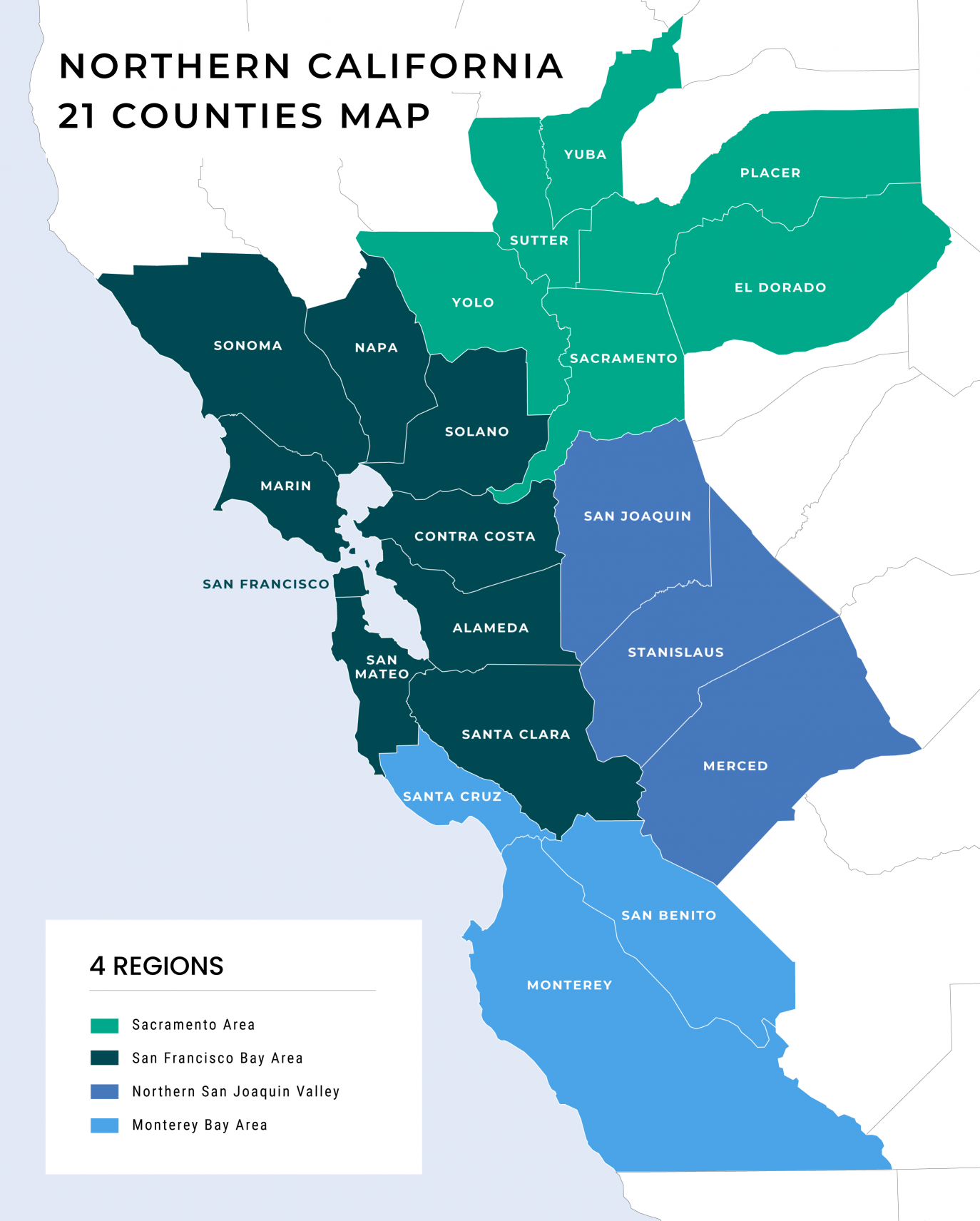 Northern California 21 Counties Map