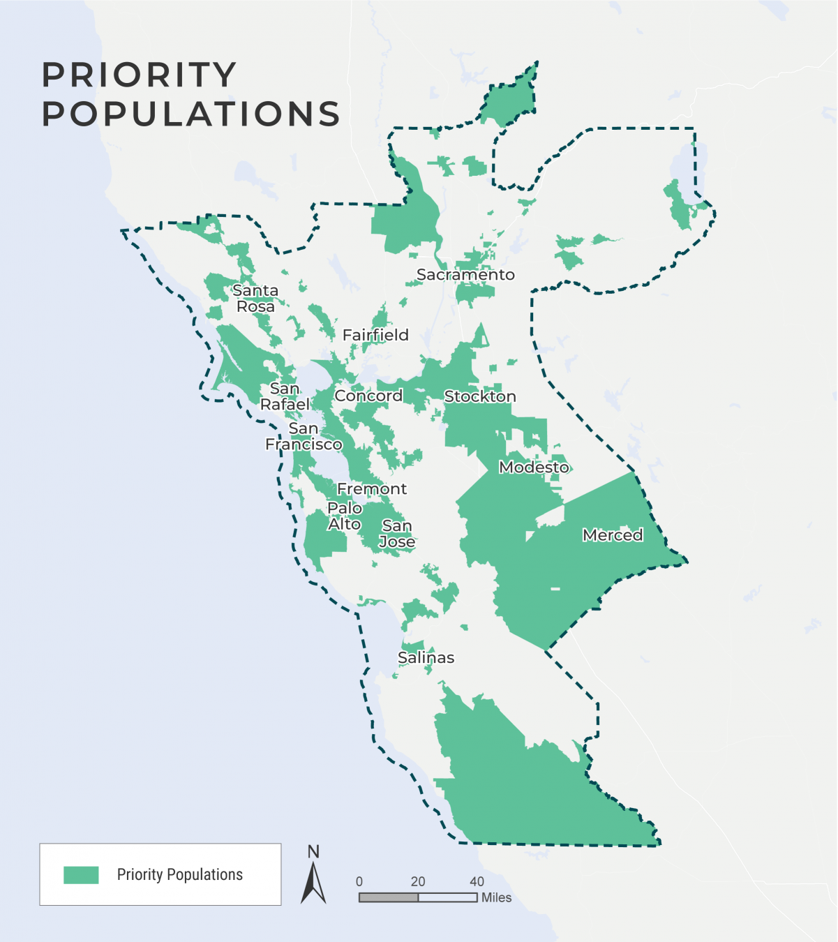 Map of the Northern California Megaregion with priority populations in green