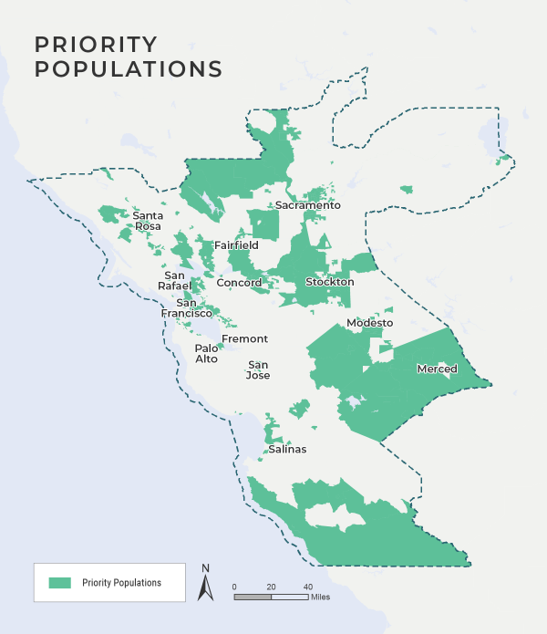Mapa de la Megarregión del Norte de California con las poblaciones prioritarias en verde